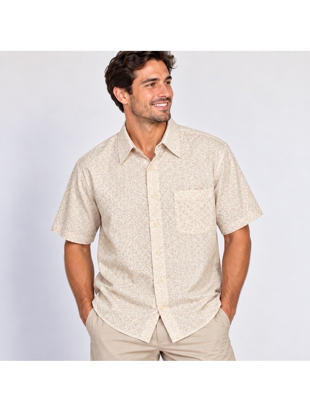 Crossings Men L 100% Cotton Cream Geometric Shirt 90s Y2K Resort  Quiet Luxury